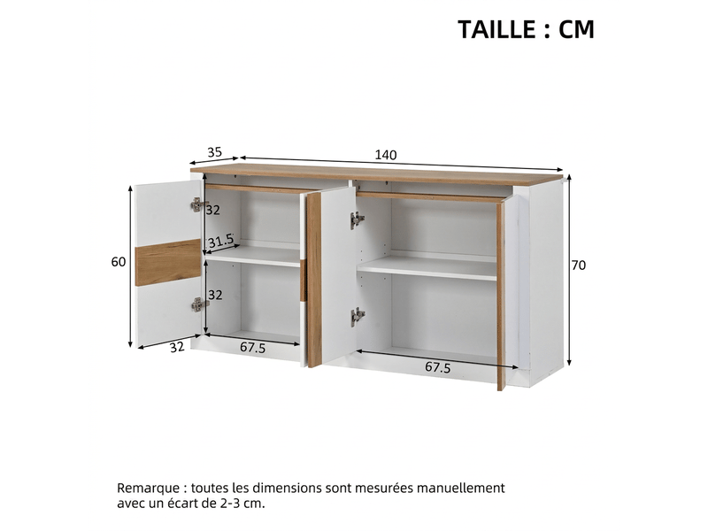 Buffet led 140 cm blanc brillant et chêne, meuble de rangement 4 portes mdf - Conforama C