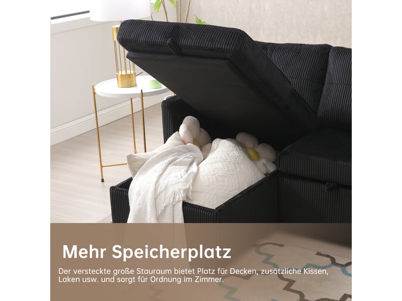  Canapé d’angle convertible avec rangement et méridienne réversible  - velours côtelé noir 206 × 108 × 66 cm  - Conforama E