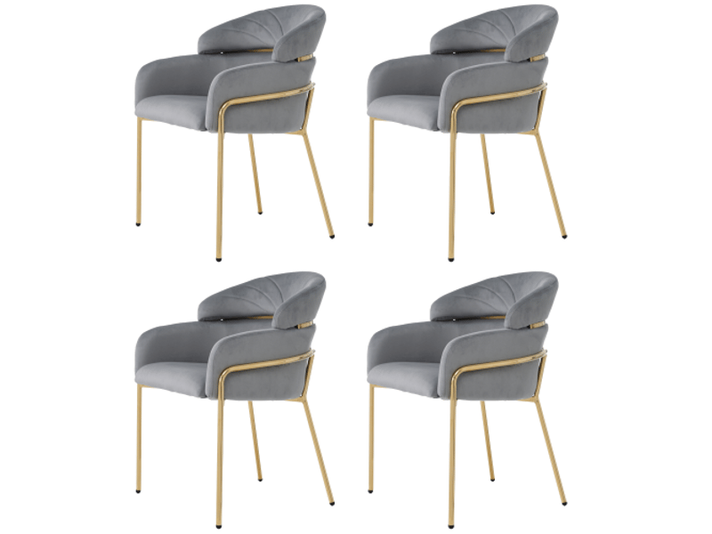 Lot de 4 chaise de salle à manger en velours gris avec 4 pieds en métal doré, dossier large - Conforama A