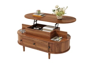 Table basse ovale relevable 105x50x60,5cm, mécanisme hydraulique, rangement caché, 2 niches, 1 grand tiroir, 2 portes coulissantes, mdf