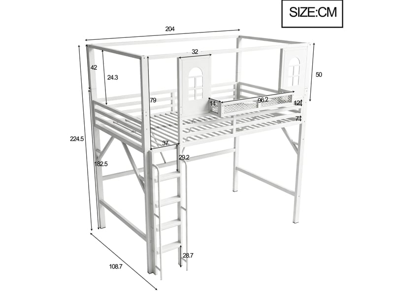 Lit mezzanine enfant 90 x 200 cm blanc en métal et mdf, toit avec fenêtres et étagère, sans matelas - Conforama C