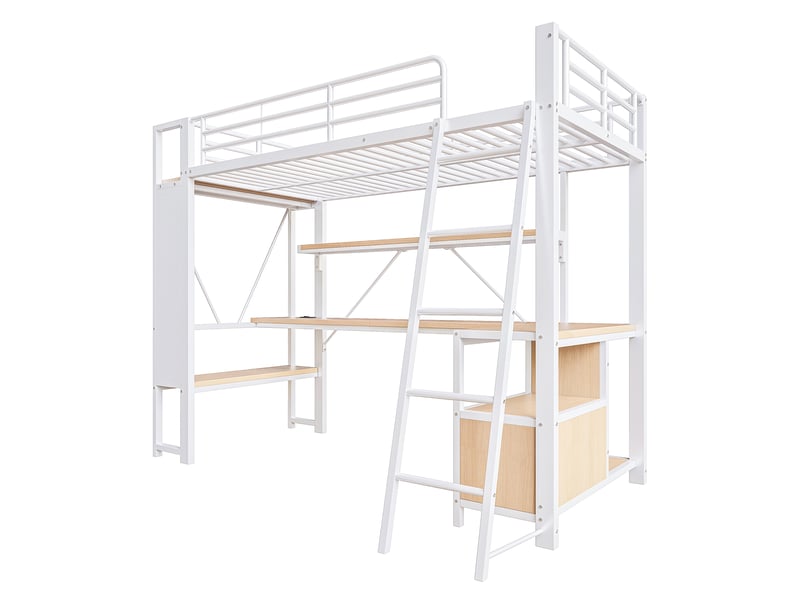  Lit mezzanine 90x200 cm blanc avec led, bureau, étagères, panneau perforé et usb  - Conforama D
