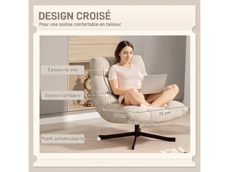  Fauteuil salon sans accoudoirs, chaise pivotante en tissu chenille, assise large, 75 x 95 x 90 cm, crème  - Conforama D