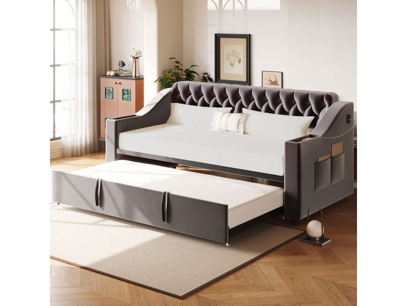  Lit simple 90x190 cm avec rangement et ports usb en velours gris  - Conforama C
