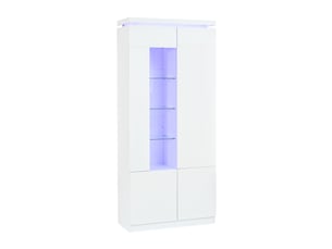 Vitrine haute 80x35x180 cm, 4 portes battantes, 6 niches, led bluetooth, verre acrylique, mdf, finition brillante blanc