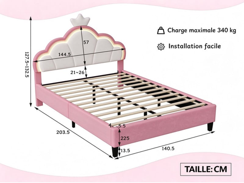  Lit enfant 140x200 cm ezssw, coloris rose  - Conforama C