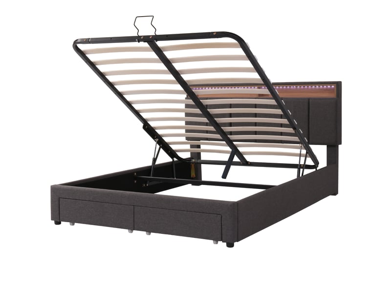 Lit double 140x190 avec led et tiroir, lit coffre avec 2 tiroir et led lit 2 places avec rangement et tête de lit rembourré cadre de lit capitonnée avec 2 tiroirs lit 2 personnes lin gris, sans matelas - Conforama W