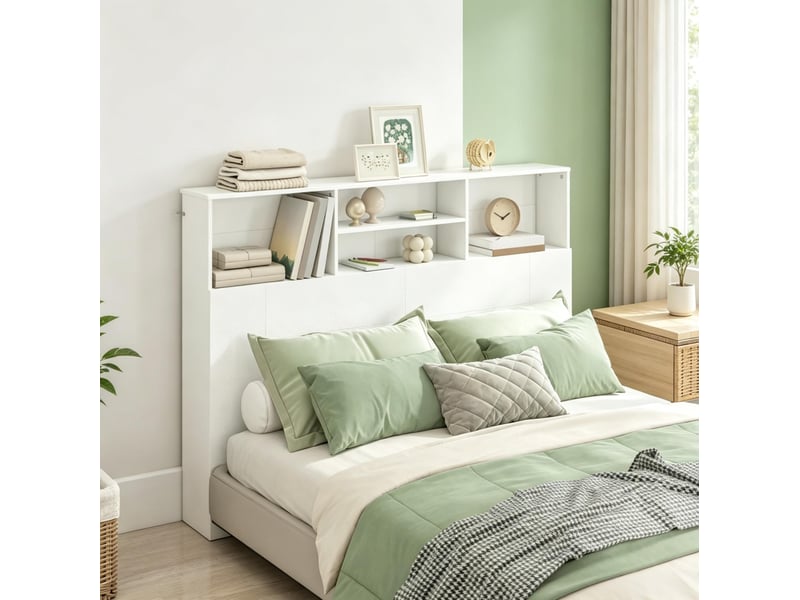  Tête de lit avec 4 niches ouvertes et fixation murale, blanche, pour chambre, 140 × 19 × 103,5 cm  - Conforama B