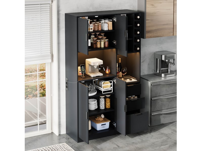 Meuble buffet rangement cuisine etagere reglable led prises mdf noir 105 x 40 x 180 homvra - Conforama C