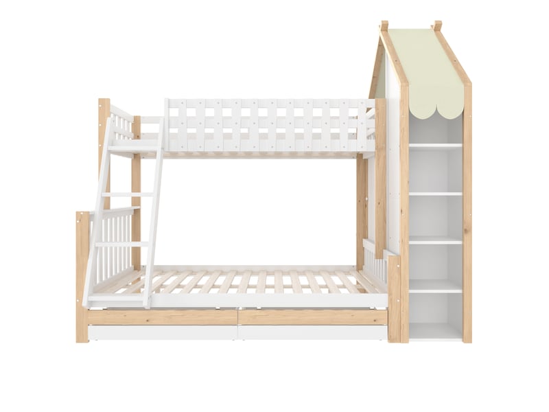  Lit superposé blanc et naturel 90 × 200 + 140 × 200 cm, échelle et 2 tiroirs  - Conforama A