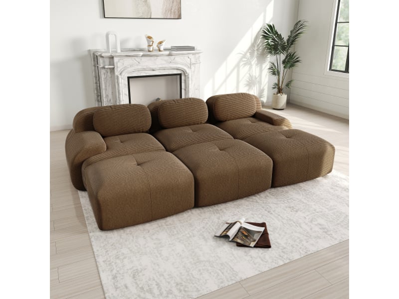  Canapé modulable 3 places avec 3 poufs velours brun – sans montage, animaux acceptés, accoudoirs larges – saloncinéma  - Conforama B