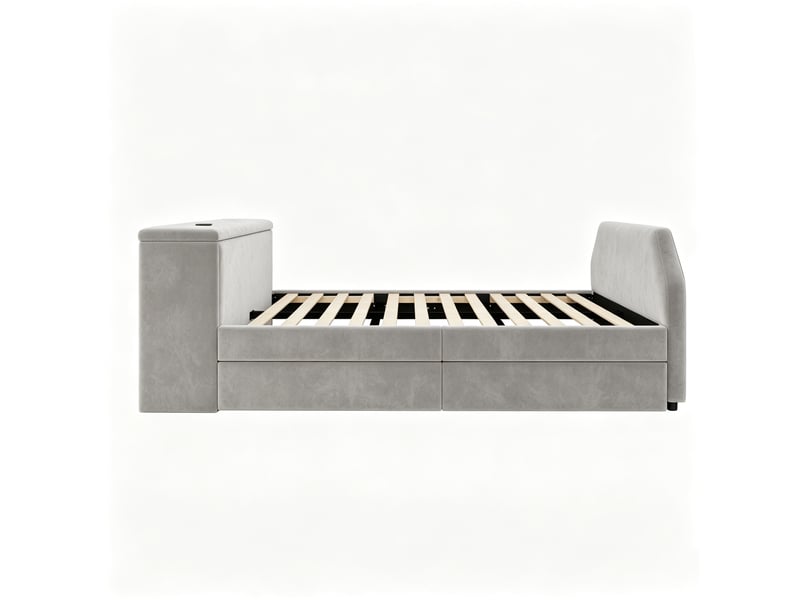  Lit enfant rembourré 140x200 cm avec bureau, usb et lit gigogne en velours gris, sans matelas  - Conforama E