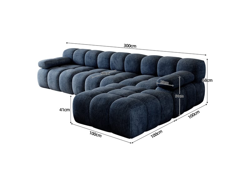  Canapé d’angle droit 4 places 300x200 cm – bleu – tissu chenille, mousse et assise confortable au quotidien  - Conforama C
