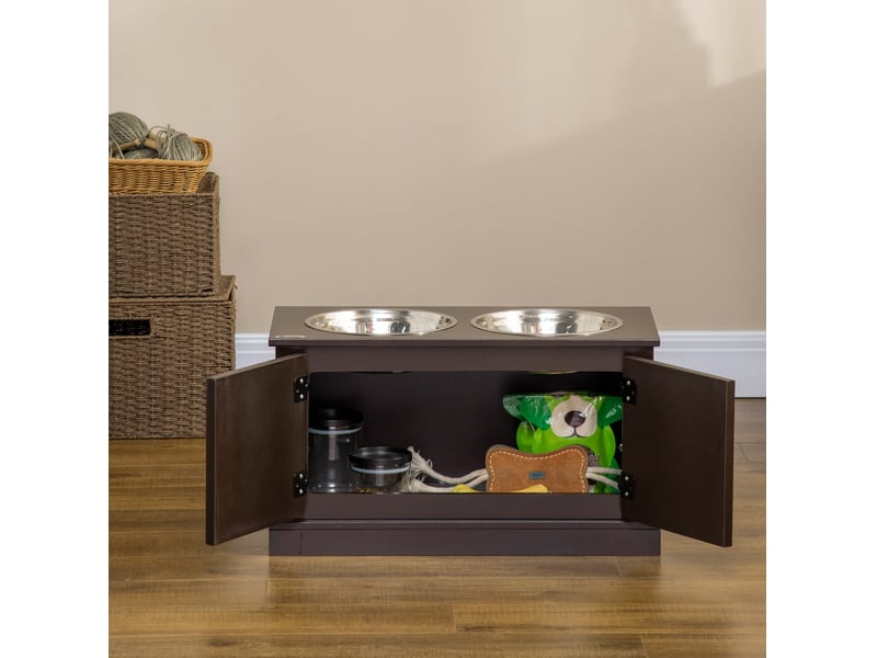  Station repas surélevée 60 x 30 x 34 cm – marron café – rangement intégré et 2 bols inox amovibles  - Conforama D