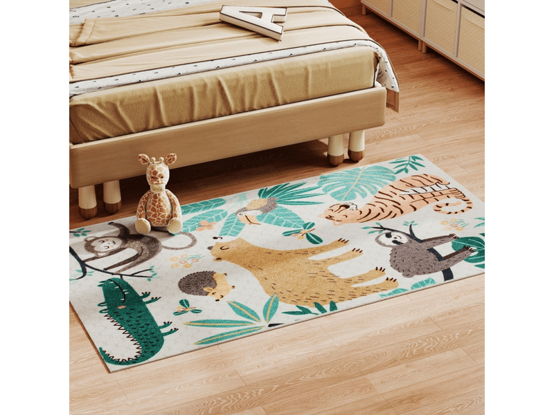  Tapis en polaire à motif jungle, facile d'entretien, blanc crème et  - Conforama B