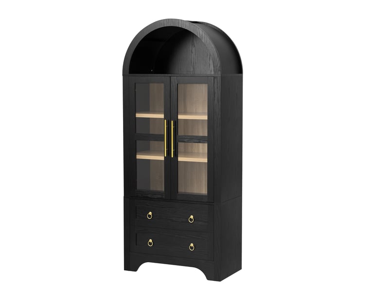  Buffet haut 76x40x180 cm, avec portes en verre et rangements en mdf noir, style moderne  - Conforama A