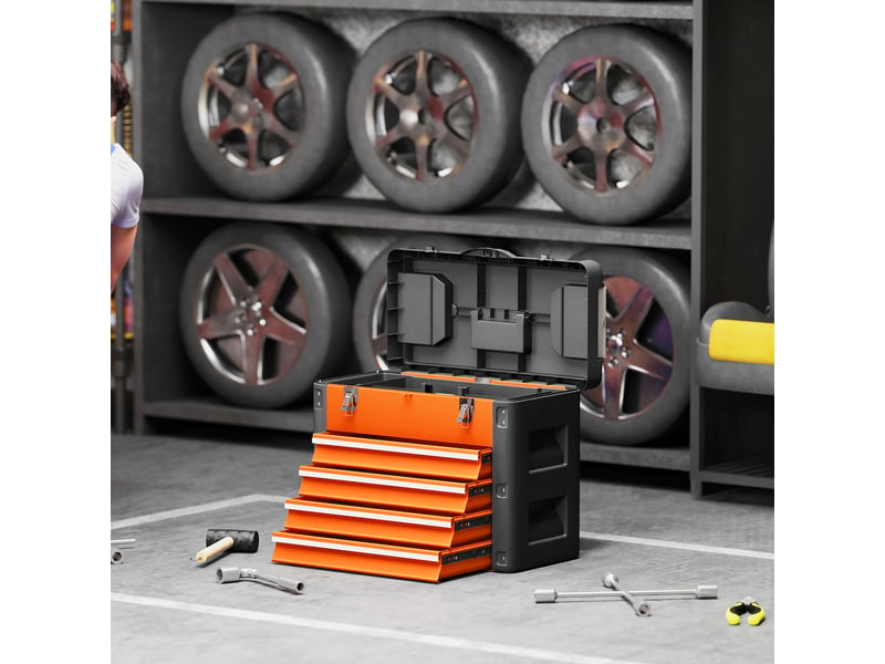Boîte à outils 4 tiroirs plateau amovible 2 boites visserie acier pp noir orange - Conforama B