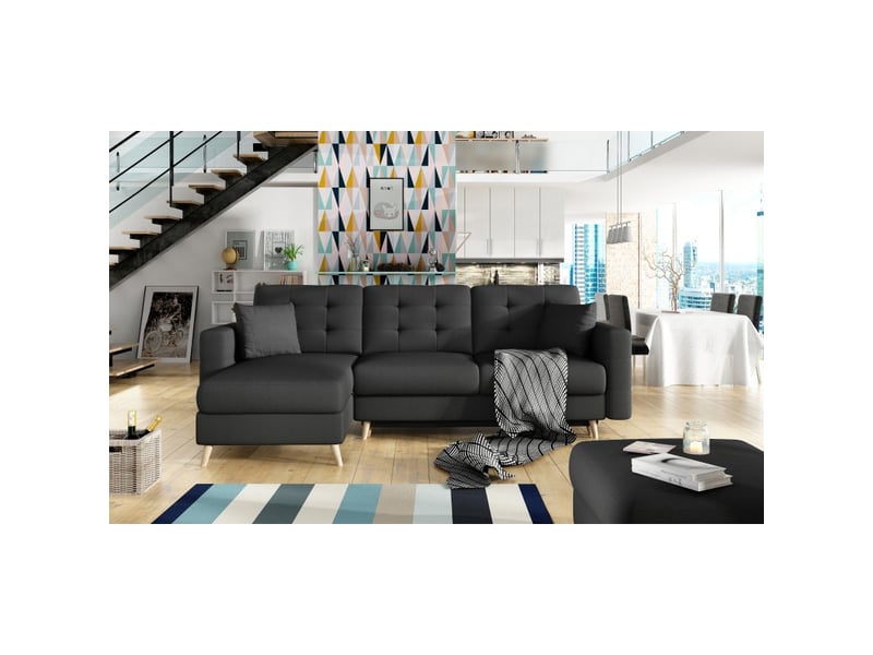  Canapé d'angle convertible hasgard 3 places noir 248x162 cm – coffre et pieds bois  - Conforama B