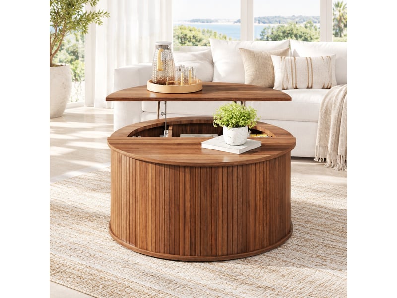  Table basse ronde avec plateau relevable et coffre de rangement, finition noyer en mdf pour salon, design cylindrique  - Conforama B