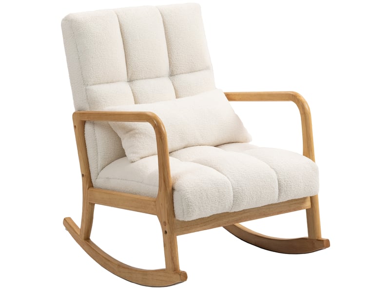 Fauteuil à bascule inclinable 90°-130° avec coussin lombaire, revêtement en tissu sherpa, 64,5 x 82 x 89 cm, coloris blanc et bois - Conforama A