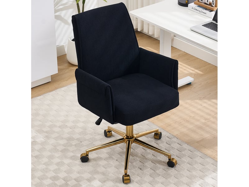  Fauteuil de bureau pivotant réglable noir en velours côtelé, dossier ergonomique et piètement doré élégant  - Conforama E