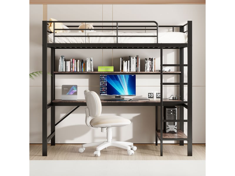  Lit mezzanine 90 x 200 avec bureau, métal noir et mdf, étagères, éclairage led, prise électrique et usb  - Conforama R