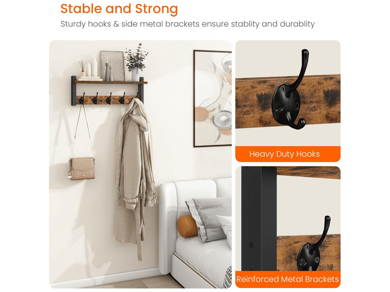  Porte-manteau mural rustique avec étagère, crochets muraux solides pour entrée, porte-chapeaux, sacs et vestes, idéal pour salon ou salle de bain  - Conforama C