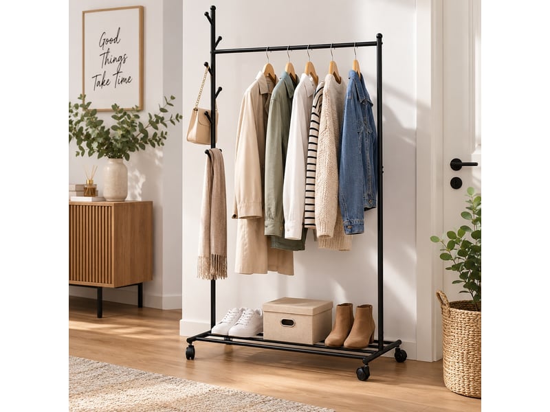 Portemanteau penderie sur roulettes en métal noir avec étagère à chaussures-longueur 84 × profondeur 44 × hauteur 170 cm - Conforama B