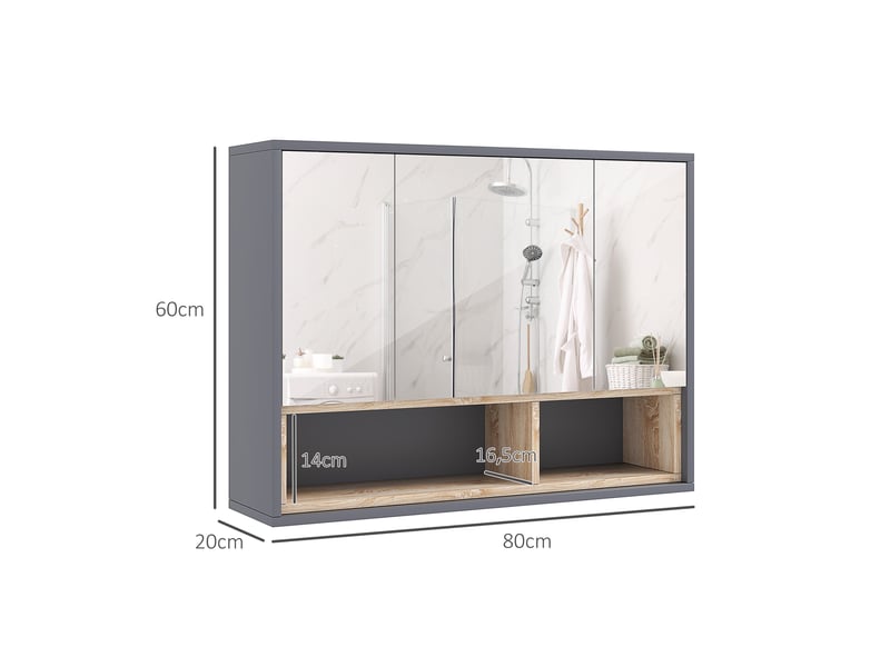  Armoire de toilette murale 3 portes miroir en mdf gris 80x20x60 cm  - Conforama C