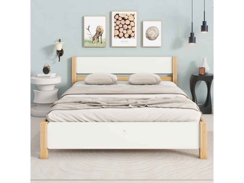  Lit double en bois 140x200 cm, cadre en pin avec pied central, lit enfant, lit adulte avec tête et pied de lit en mdf, blanc+naturel  - Conforama A