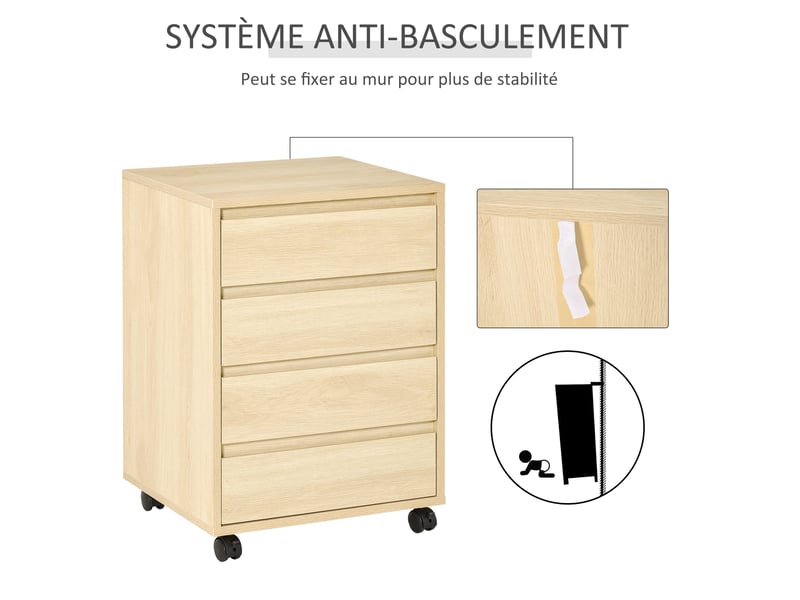  Caisson de bureau, rangement bureau sur roulettes, naturel, 4 tiroirs coulissants en bois  - Conforama R