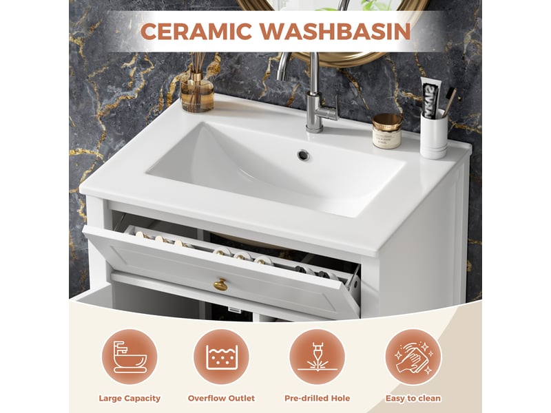  Meuble salle de bain sur pied 61 cm blanc brillant avec vasque céramique  - Conforama C
