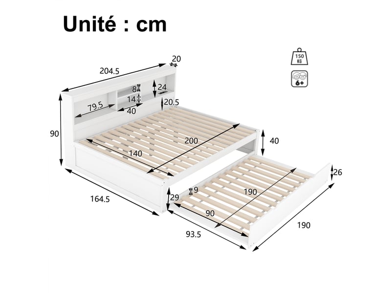  Lit gigogne 140x200 cm - lit adoadulte avec tiroir 90x190, éclairage led télécommandé et ports usb - prise électrique incluse - rangement - blanc  - Conforama C