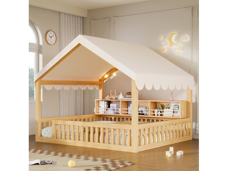 Lit double 140 × 200 cm avec toit textile, guirlande led, bibliothèque et barrières de sécurité, naturel - Conforama B