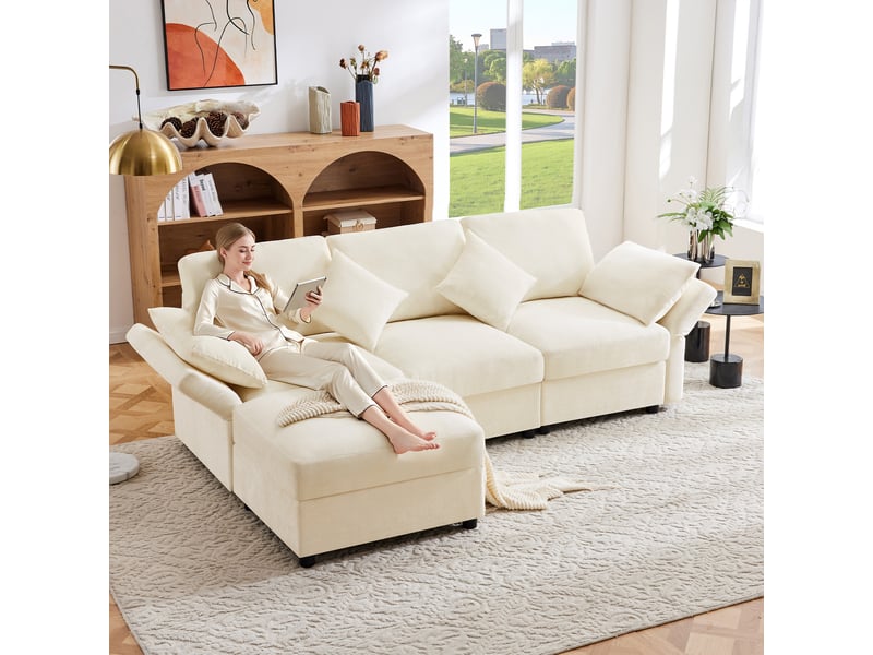  Canapé d'angle, canapé convertible, 3 places, en tissu chenille, beige, adapté à l'espace de vie, avec pouf  - Conforama R