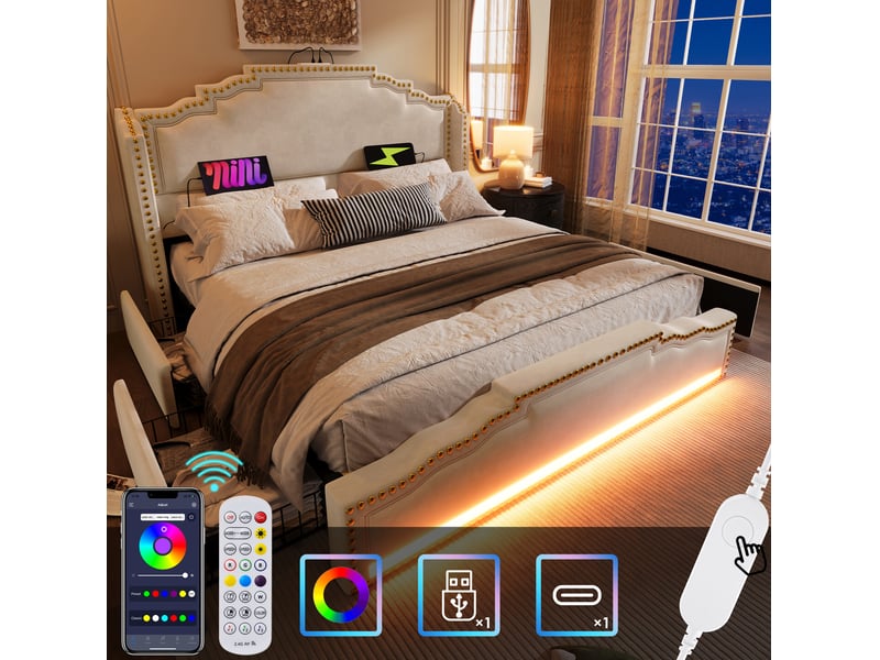  Lit double 160x200 cm beige en velours, 4 tiroirs de rangement, led et usb-c, avec matelas  - Conforama B