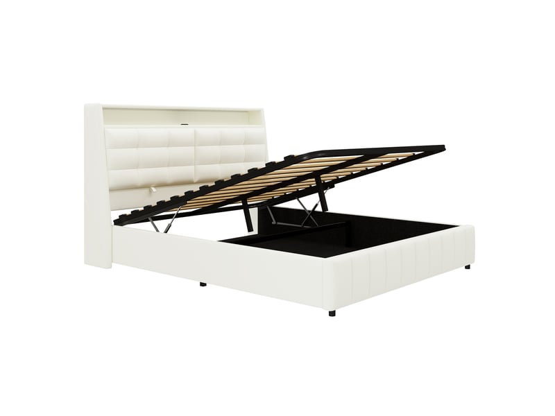  Lit plateforme 160x200 coffre rangement led multicolore usb tête réglable rembourré mdfpu blanc sans matelas  - Conforama E