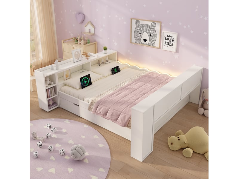 Lit coffre 140x190 cm avec 2 tiroirs, led, prises et tablette coulissante, blanc - Conforama B