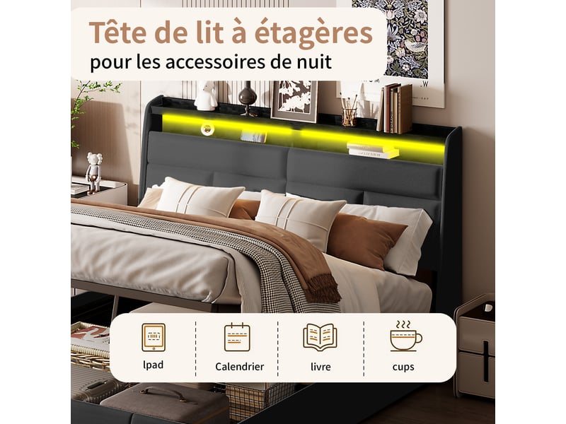  Lit coffre 160x200 cm - lit double 160x200 - rembourré en simili cuir pu, éclairage led tête et pied de lit, sommier - noir  - Conforama D
