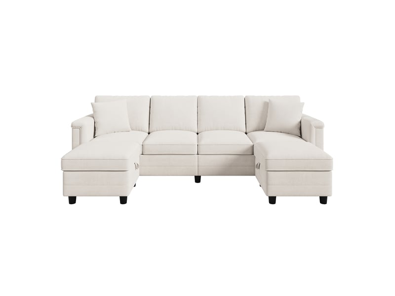  Canapé modulaire 4 places en l et en u avec 2 coffres, 2 coussins, usb, tissu chenille beige  - Conforama A