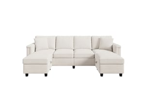 Canapé modulaire 4 places en l et en u avec 2 coffres, 2 coussins, usb, tissu chenille beige