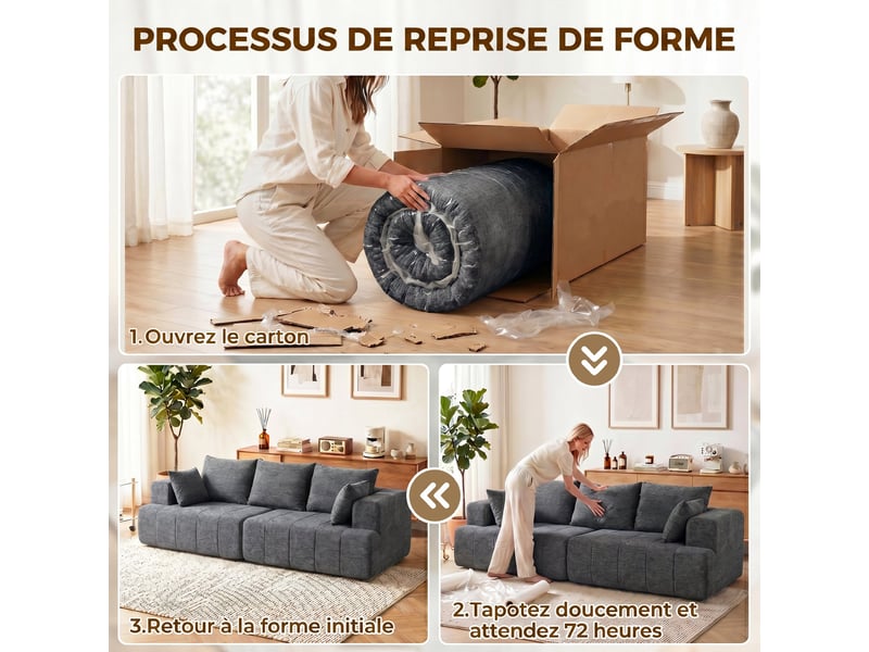  Canapé 3 places en chenille 248 cm, canapé salon moderne, large assise rembourrée, gris, coussins à ressorts  - Conforama W