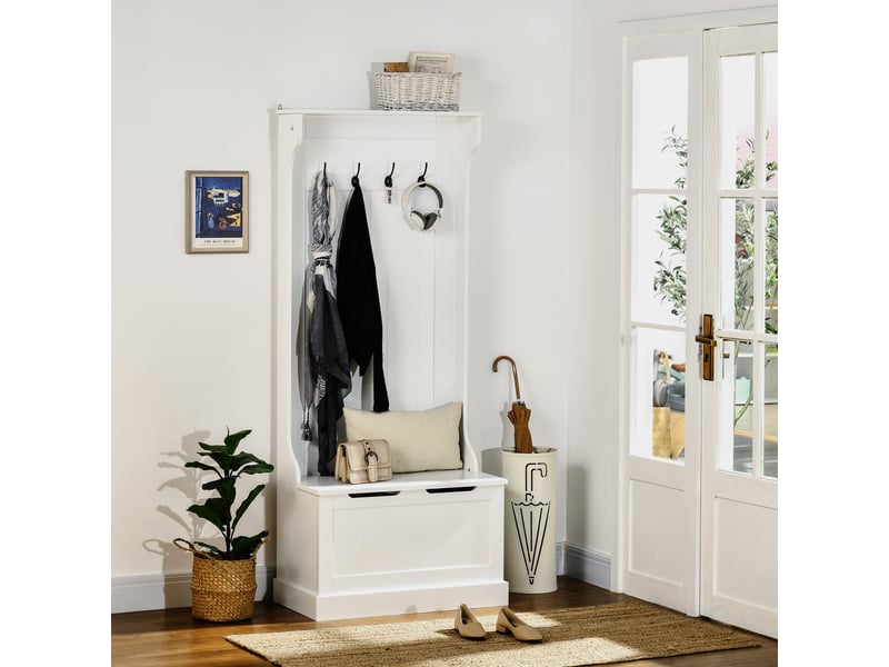  Porte-manteau d'entrée avec banc de rangement, en bois, 71,5 x 39,5 x 170 cm, blanc  - Conforama D