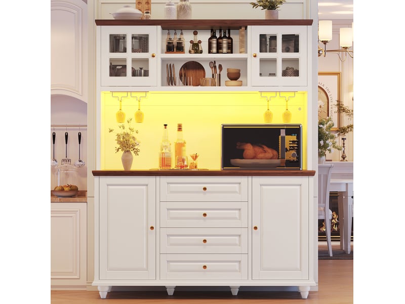  Buffet de cuisine haut avec étagères à led, 4 tiroirs et porte-verres pour cuisine, blanc, 140 × 40 × 179,5 cm  - Conforama D