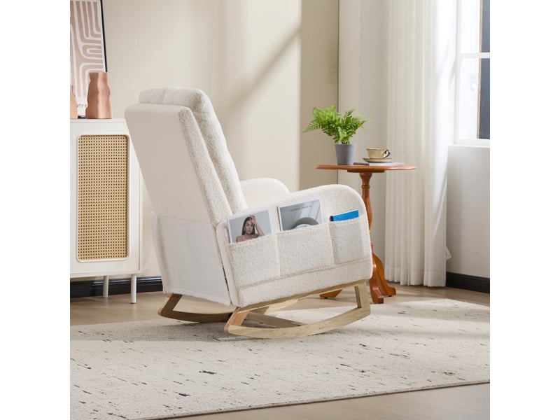  Fauteuil à bascule pour allaitement avec repose-pieds, poche latérale et base en bois, en tissu bouclette blanc  - Conforama D