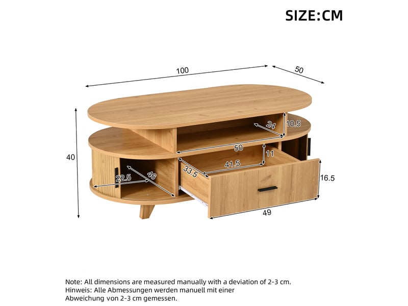  Table basse ovale avec 1 tiroir, 2 portes à rideau et 3 niches, style nordique, en mdf et aggloméré, naturel  - Conforama C