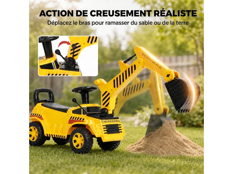 Trotteur porteur tractopelle pelleteuse avec casque et klaxon jaune noir - Conforama E