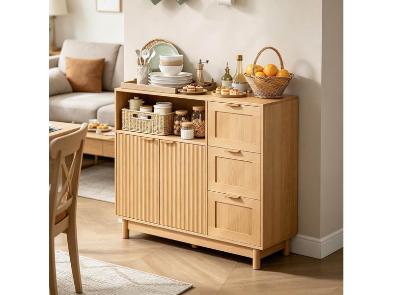  Buffet modenvie en effet bois 90 x 35 x 80 cm avec 3 tiroirs, 2 portes, niche ouverte, panneaux de particules et mdf  - Conforama B