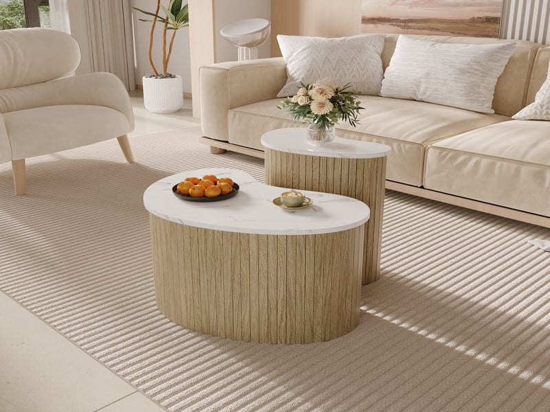  Table basse gigogne asymétrique, table basse marbre et bois mdf, table de salon scandinave bicolore, charge 30kg  - Conforama C