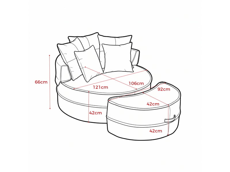 Fauteuil lounge rond 1 place en chenille beige avec pouf et 5 coussins - Conforama C